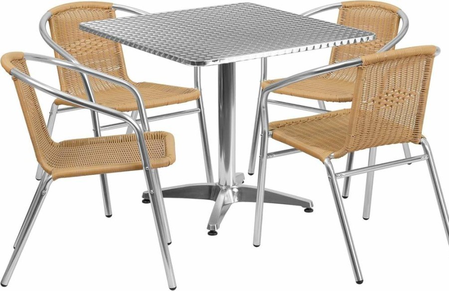 Flash Furniture 31.5" Square Aluminum Patio Dining Set with 4 Dark Brown Wicker Chairs for Indoor Outdoor Use