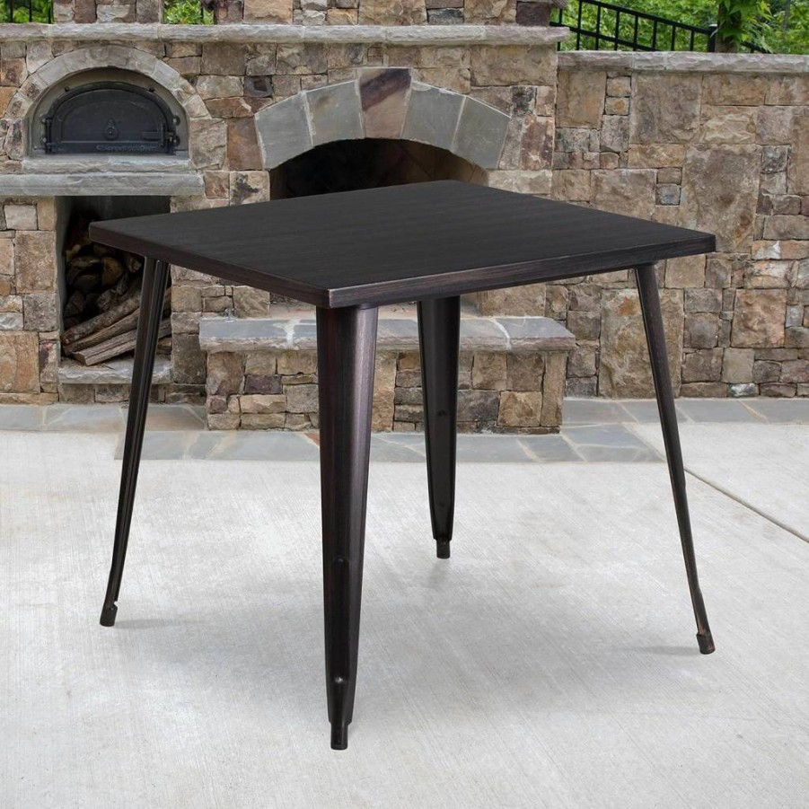 Flash Furniture Toby 32" Square Metal Table - Black & Antique Gold Finish, Indoor-Outdoor Commercial Grade Dining or Bistro Table