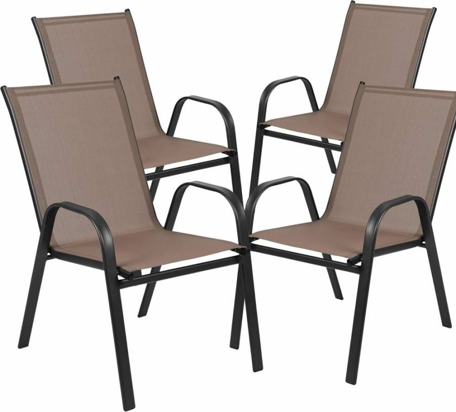 Flash Furniture Brazos Series 4-Pack Brown Outdoor Stackable Patio Chairs with Flex Comfort Material - Modern Sling Design for Deck, Pool, or Garden