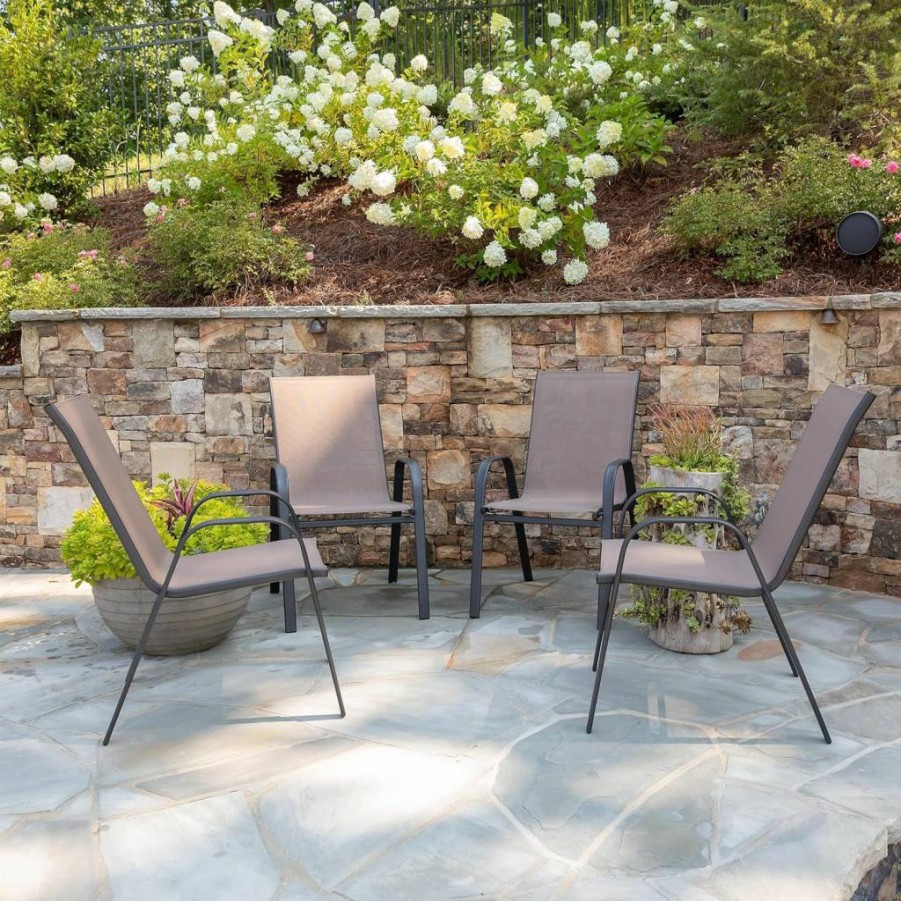 Flash Furniture Brazos Series 4-Pack Brown Outdoor Stackable Patio Chairs with Flex Comfort Material - Modern Sling Design for Deck, Pool, or Garden