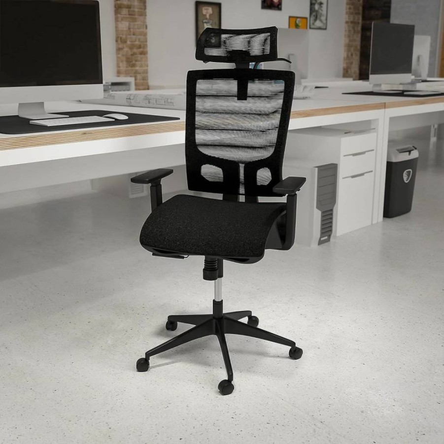 Flash Furniture Layla Ergonomic Office Chair - Adjustable Mesh Back, Lumbar Support, Headrest & Arms, Synchro-Tilt, Black