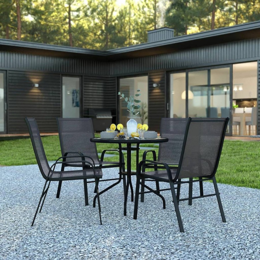 Flash Furniture Brazos 3-Piece Outdoor Dining Set with 2 Stackable Brown Flex Comfort Chairs and 24" Round Tempered Glass Table for Patio