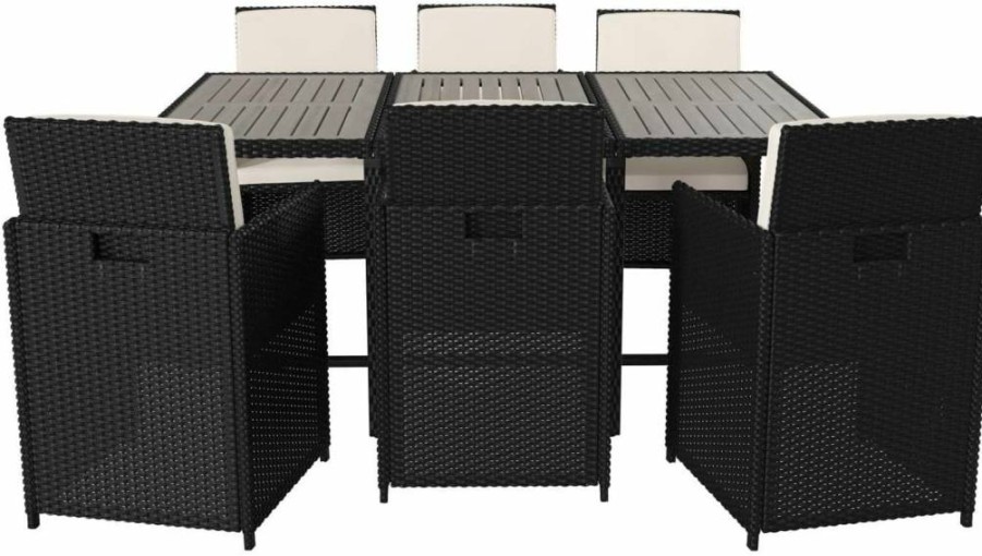Flash Furniture 7-Piece Outdoor Dining Set - Black Wicker Chairs with Cream Cushions & Acacia Wood Table - Seats 6, Space-Saving Patio Furniture
