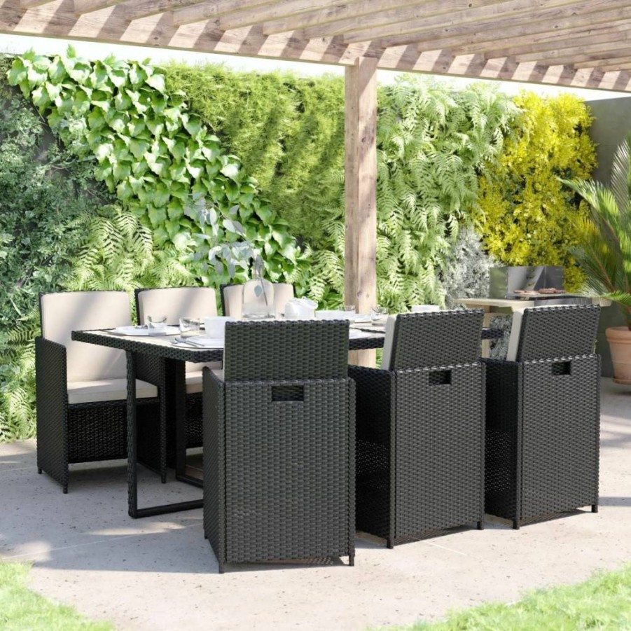 Flash Furniture 7-Piece Outdoor Dining Set - Black Wicker Chairs with Cream Cushions & Acacia Wood Table - Seats 6, Space-Saving Patio Furniture
