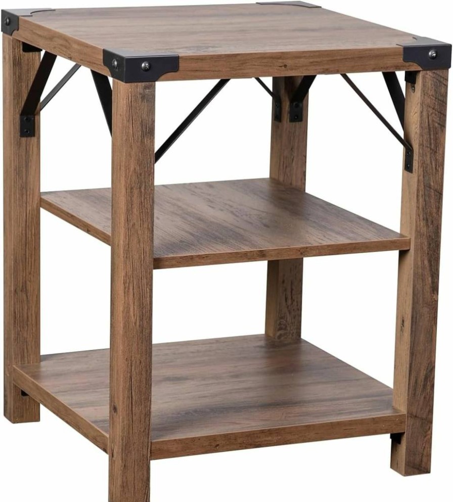 Flash Furniture Wyatt 3-Tier Farmhouse Side Table - Gray Wash Wood Frame with Black Metal Crisscross Design