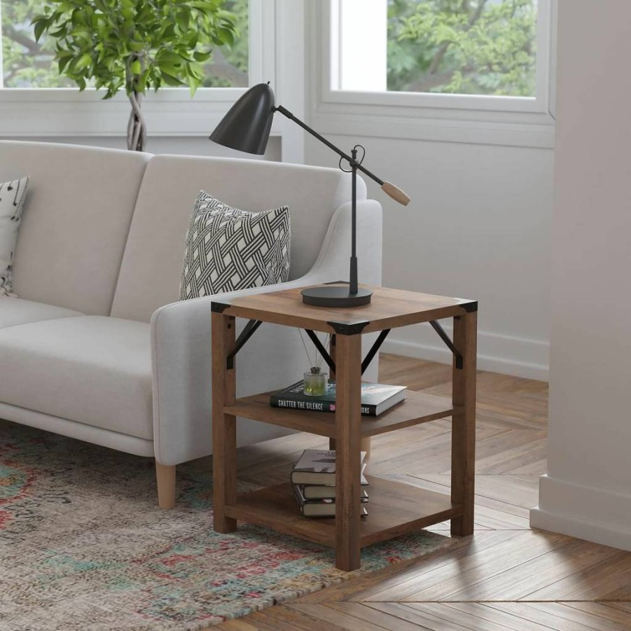 Flash Furniture Wyatt 3-Tier Farmhouse Side Table - Gray Wash Wood Frame with Black Metal Crisscross Design