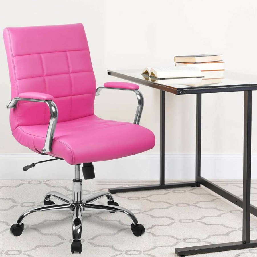 Flash Furniture Vivian Mid-Back Executive Office Chair - Pink Vinyl, Swivel Base, Chrome Arms, Ergonomic Desk Chair