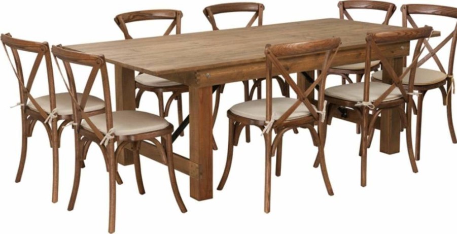 Flash Furniture Hercules Series 7-Foot Antique Rustic Farmhouse Table Set with 8 Cross Back Chairs and Cushions, Folding Dining Set for Kitchen or Dining Room