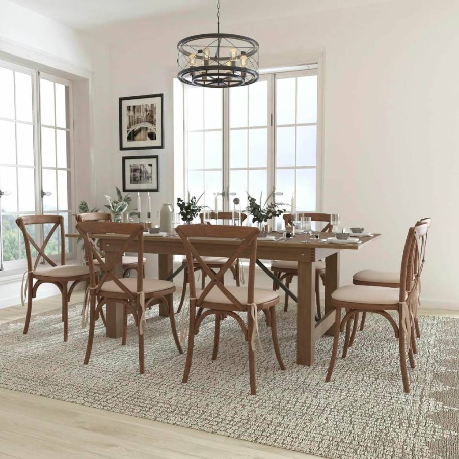 Flash Furniture Hercules Series 7-Foot Antique Rustic Farmhouse Table Set with 8 Cross Back Chairs and Cushions, Folding Dining Set for Kitchen or Dining Room