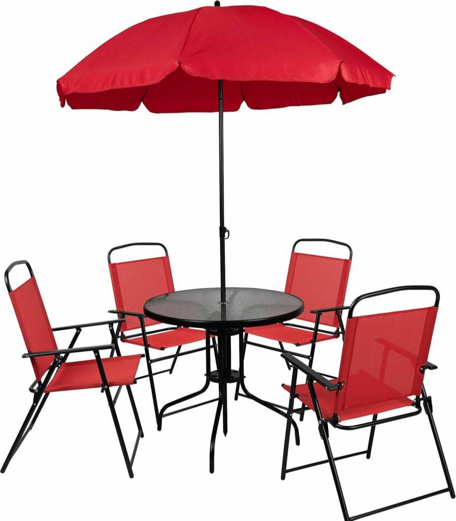 Flash Furniture 6-Piece Brown Nantucket Outdoor Patio Dining Set with Glass Table, 4 Folding Chairs & Umbrella for Garden, Lawn, Backyard