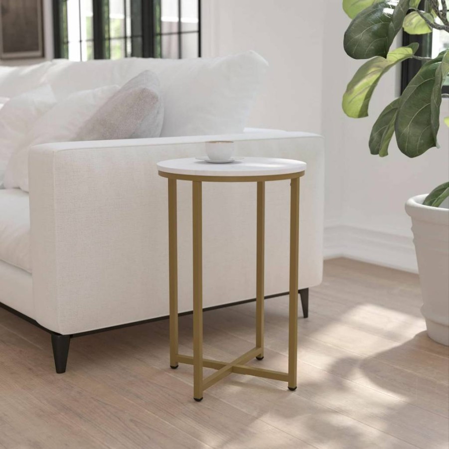 Flash Furniture Hampstead White Marble End Table with Brushed Gold Crisscross Frame - Modern Side Table