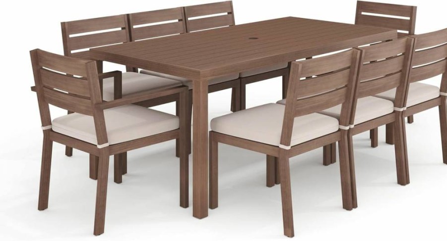 Martha Stewart Bedford 9-Piece Outdoor Patio Dining Set with 71-Inch Table & 8 Stackable Chairs, Brown Woodgrain Aluminum Frame & Cream All-Weather Cushions