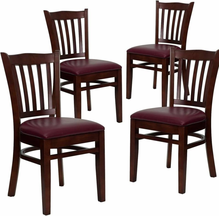 Flash Furniture Hercules Series 4-Pack Mahogany Wood Restaurant Chairs with Burgundy Vinyl Slat Backs