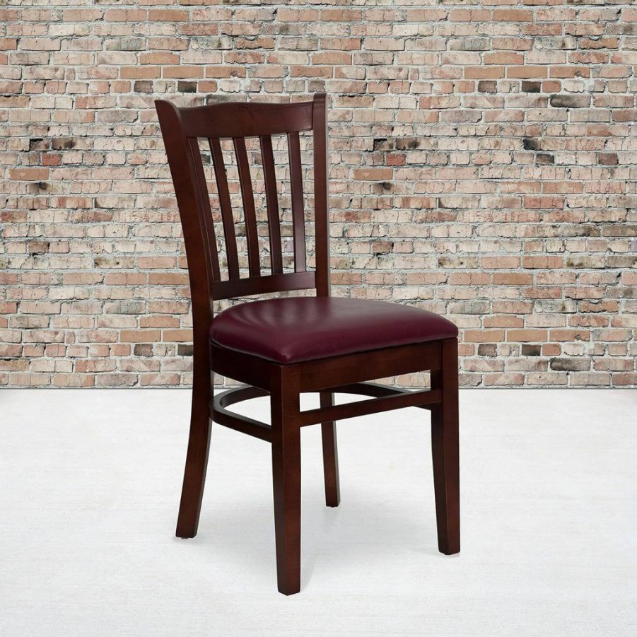 Flash Furniture Hercules Series 4-Pack Mahogany Wood Restaurant Chairs with Burgundy Vinyl Slat Backs