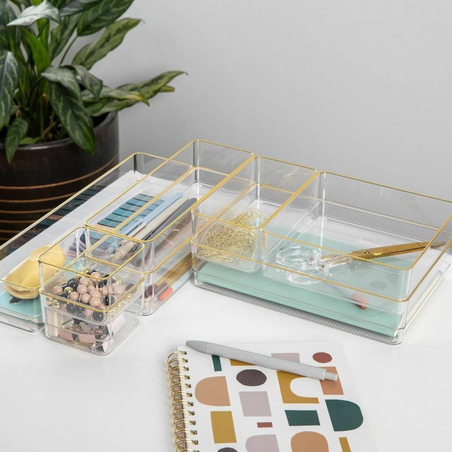 Martha Stewart Stackable Desk Drawer Organizer Set - 5-Piece Office Storage with Gold Trim