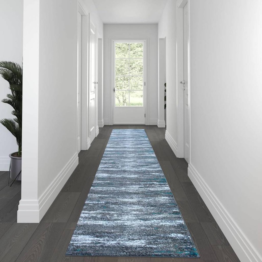 Flash Furniture Marian Collection Distressed Turquoise Olefin Area Rug with Jute Backing - 3x16 Feet for Entryway, Living Room, Bedroom