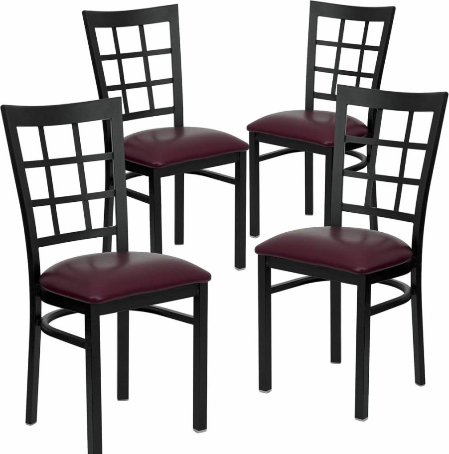 Flash Furniture 4-Pack Hercules Series Black Metal Restaurant Chairs with Burgundy Vinyl Seating for Dining & Commercial Use