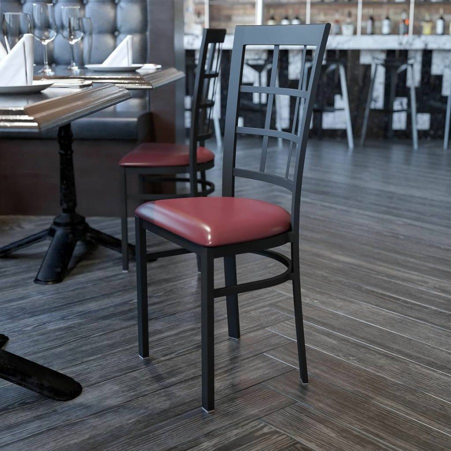 Flash Furniture 4-Pack Hercules Series Black Metal Restaurant Chairs with Burgundy Vinyl Seating for Dining & Commercial Use