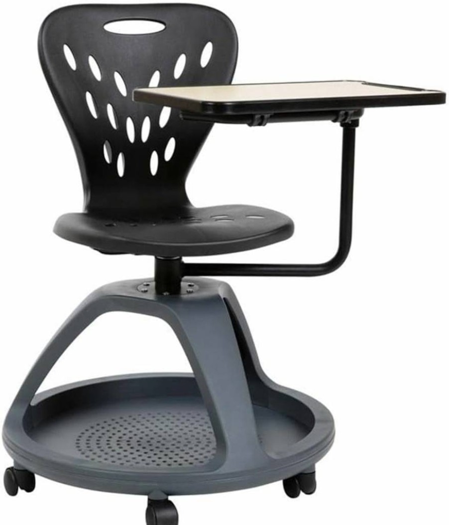 Flash Furniture Laikyn Dark Gray Swivel Office Chair with 360-Degree Rotating Tablet Arm and Under-Seat Storage Compartment