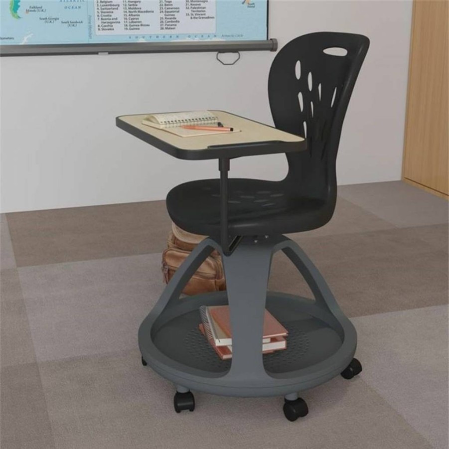 Flash Furniture Laikyn Dark Gray Swivel Office Chair with 360-Degree Rotating Tablet Arm and Under-Seat Storage Compartment