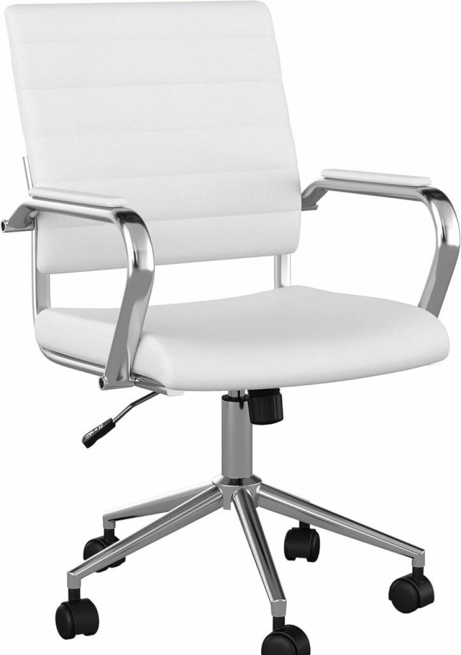 Martha Stewart Piper Swivel Office Chair with Armrests - Saddle Brown Faux Leather, Polished Nickel Frame, Ergonomic Task Chair for Home & Workspace