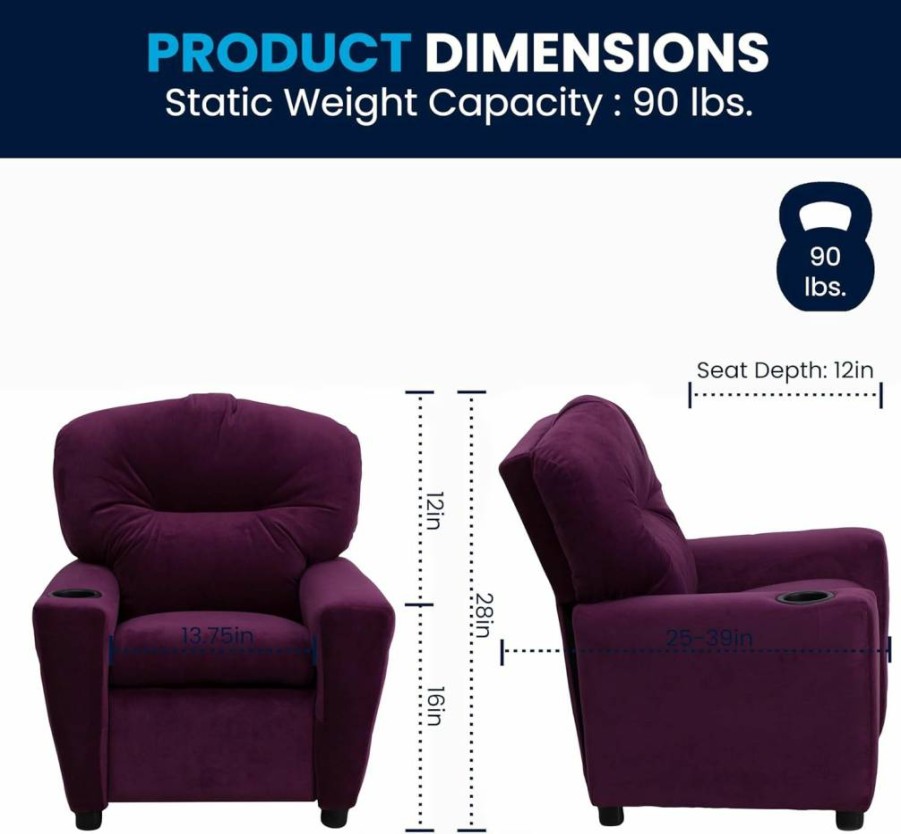 Flash Furniture Kids Recliner Chair - Blue Microfiber Reclining Chair with Cup Holder, Safety Recline, Supports Up to 90 lbs, Contemporary Design for Children