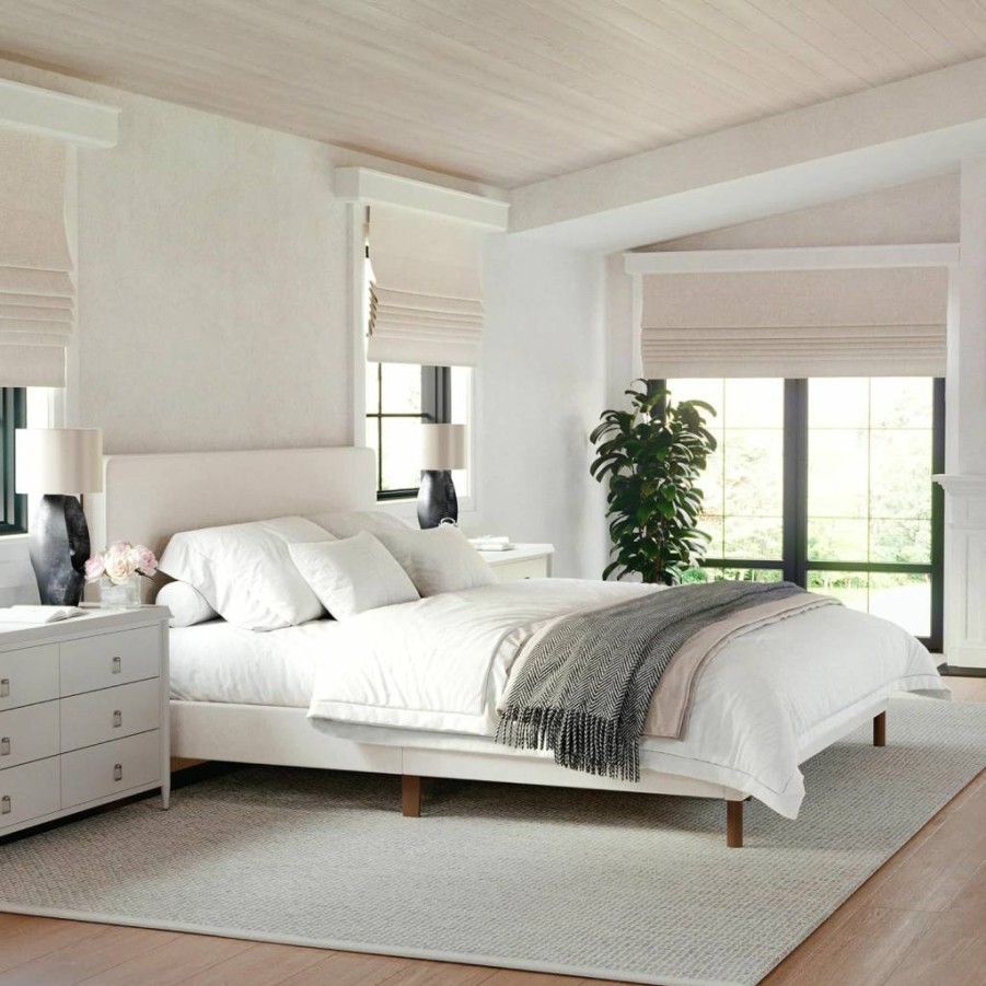 Martha Stewart Britta Upholstered Platform Bed with Headboard & Footboard, Full Size Beige Fabric Bed Frame, No Box Spring Required