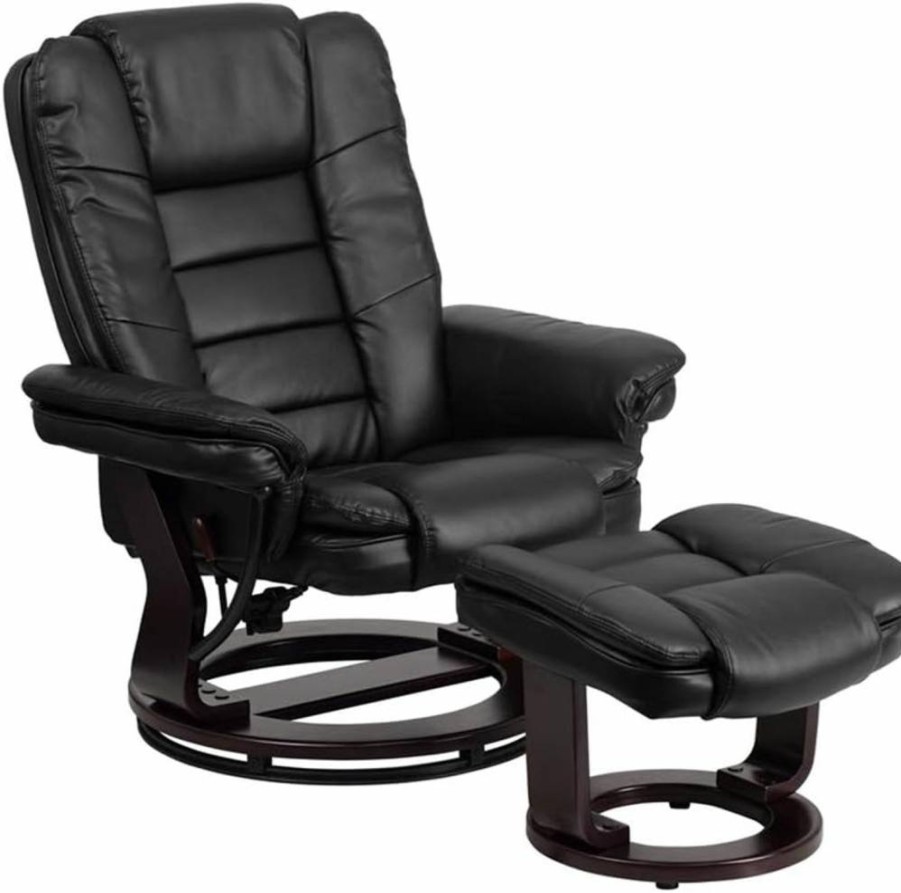 Flash Furniture Black Leather Recliner with Ottoman, Swivel Mahogany Base, Multi-Position Contemporary Design