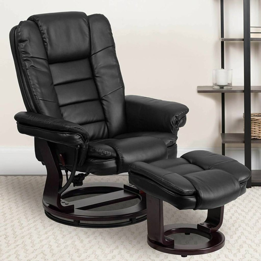 Flash Furniture Black Leather Recliner with Ottoman, Swivel Mahogany Base, Multi-Position Contemporary Design