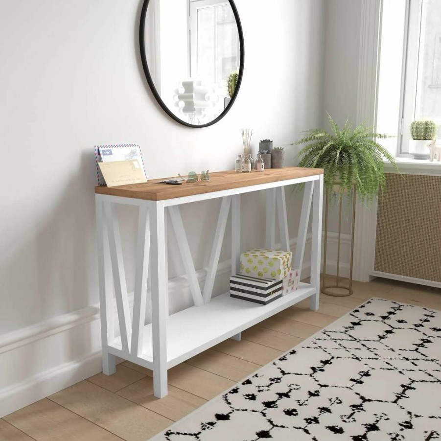 Flash Furniture Charlotte Farmhouse 2-Tier Console Table - Brushed Wash Engineered Wood Frame, Warm Oak Finish - Entryway or Living Room Accent Table