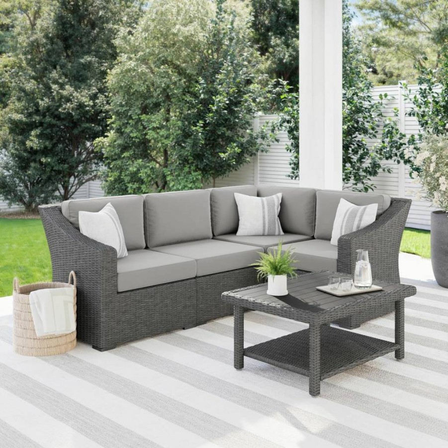 Martha Stewart Bedford Modular Sectional Sofa - 4-Piece Indoor-Outdoor Rattan Set with All-Weather Tan Cushions