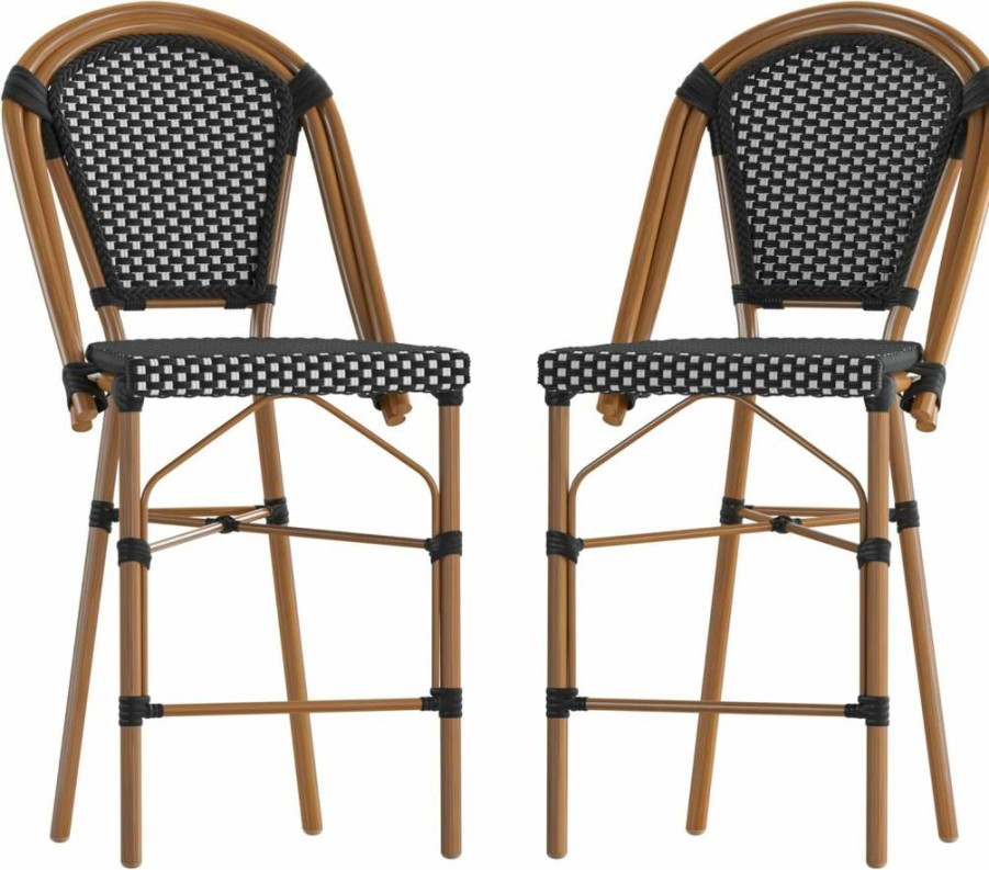 Flash Furniture 26" Stackable Bistro Stool Set of 2 - Navy/White & Natural Finish, Commercial Grade Counter Height Stool for Indoor/Outdoor Use