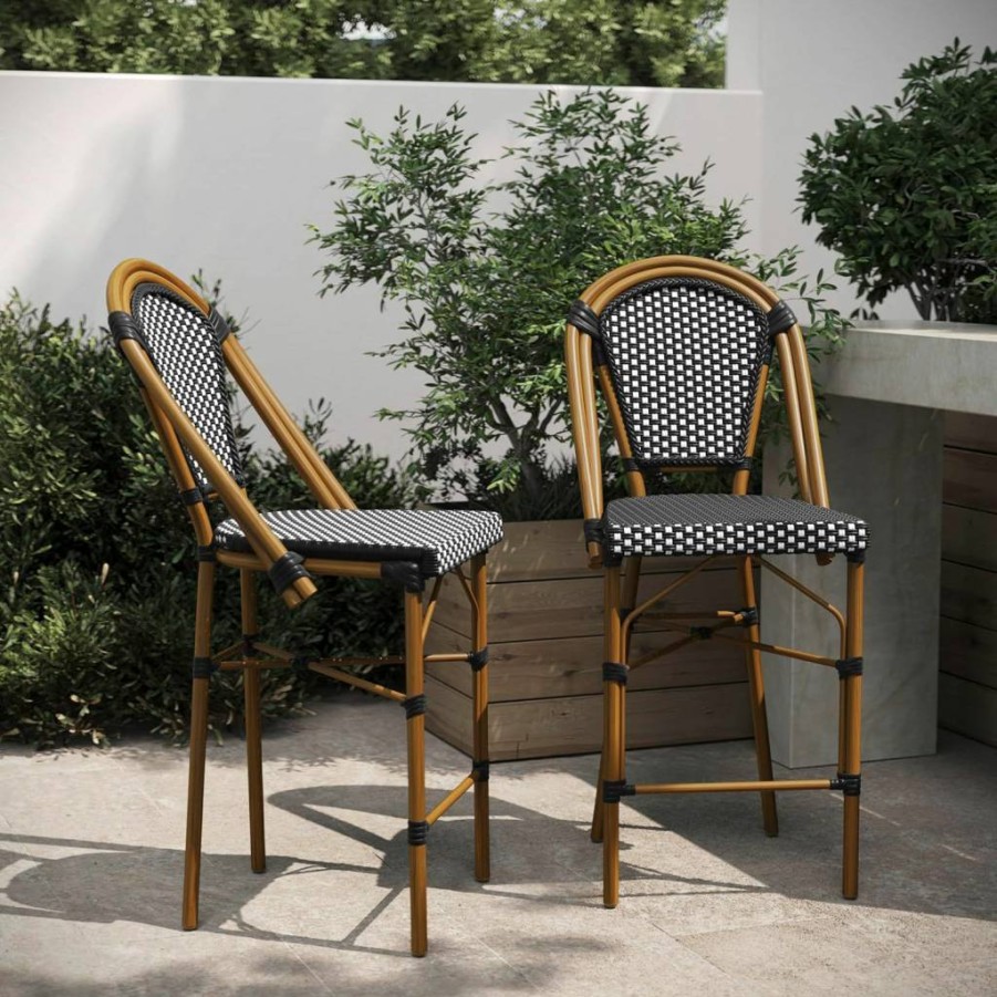Flash Furniture 26" Stackable Bistro Stool Set of 2 - Navy/White & Natural Finish, Commercial Grade Counter Height Stool for Indoor/Outdoor Use