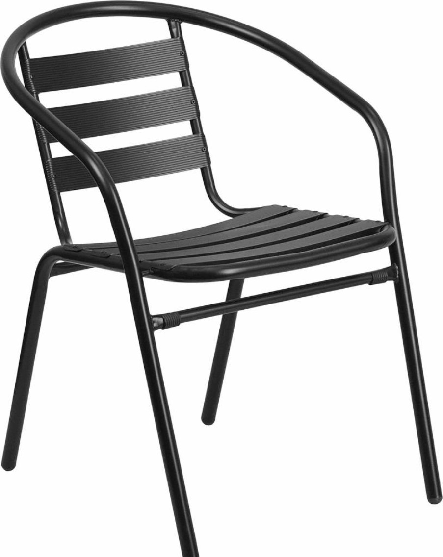 Flash Furniture 4-Pack Black Aluminum Stackable Patio Chairs, Modern Slat Back Outdoor Dining Chairs for Restaurant Cafe Bistro