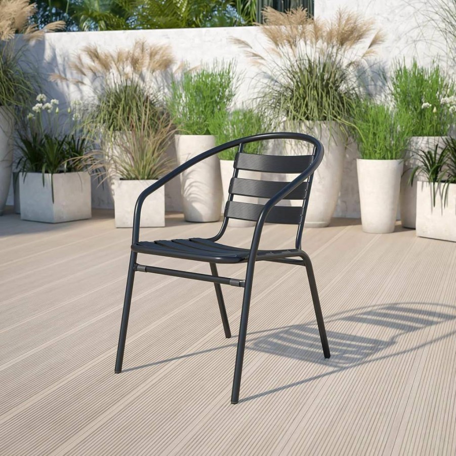 Flash Furniture 4-Pack Black Aluminum Stackable Patio Chairs, Modern Slat Back Outdoor Dining Chairs for Restaurant Cafe Bistro