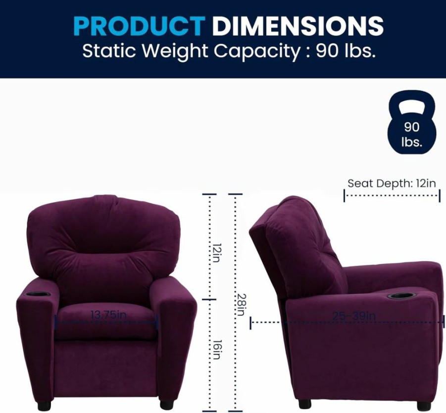 Flash Furniture Kids Recliner Chair - Blue Vinyl Reclining Chair with Cup Holder, Safety Recline, Supports 90 Lbs, Contemporary Design for Children