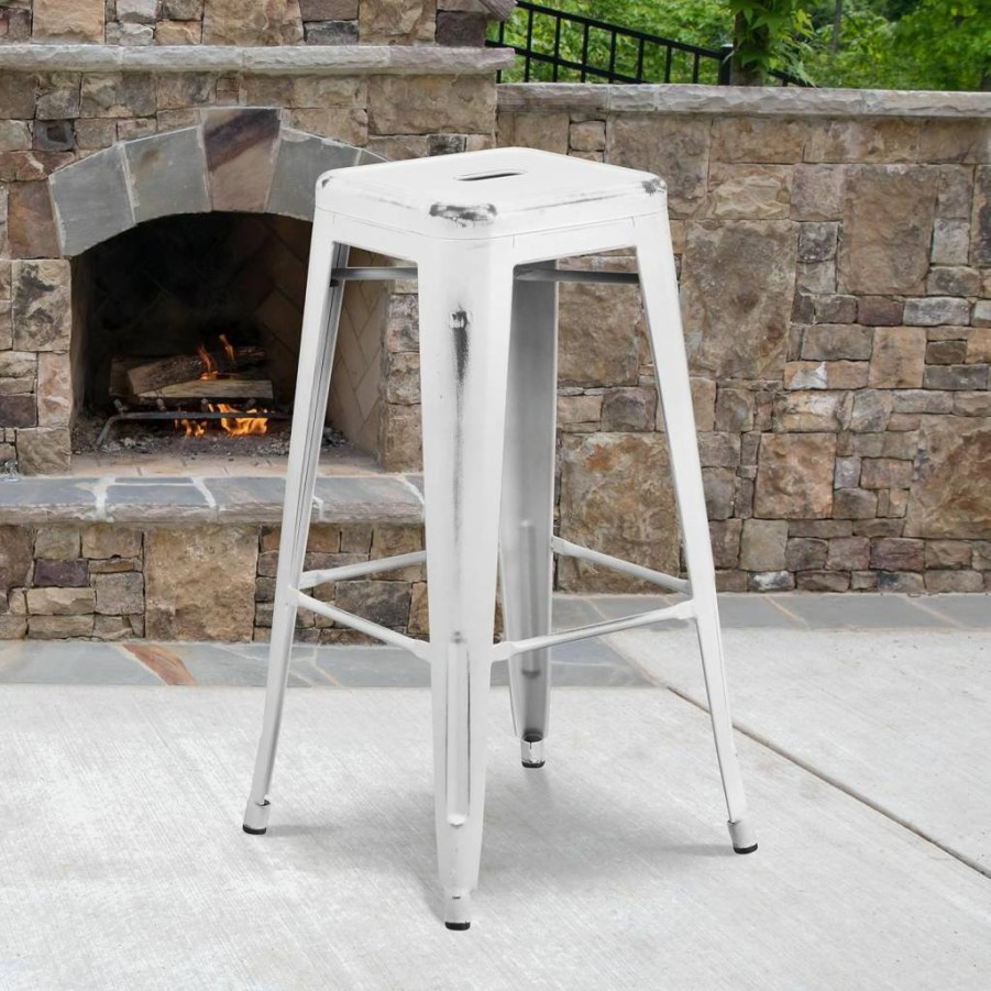 Flash Furniture 30" Black Metal Stacking Bar Stool - Modern Industrial Backless Barstool for Indoor Outdoor Use in Restaurants, Patios & Bars