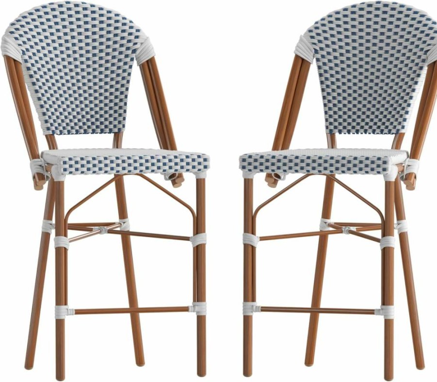 Flash Furniture 26" Stackable Bistro Stools, Set of 2 - Commercial Grade Counter Height Bar Stools for Indoor/Outdoor Use in White/Gray & Bamboo Finish