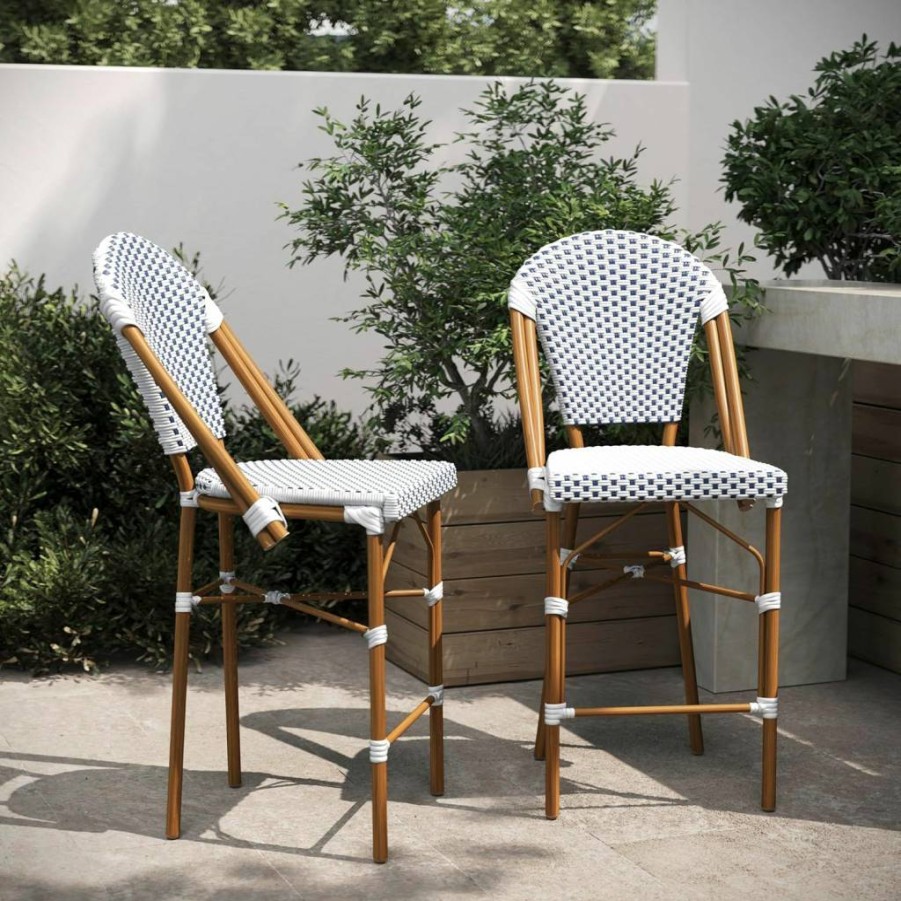 Flash Furniture 26" Stackable Bistro Stools, Set of 2 - Commercial Grade Counter Height Bar Stools for Indoor/Outdoor Use in White/Gray & Bamboo Finish