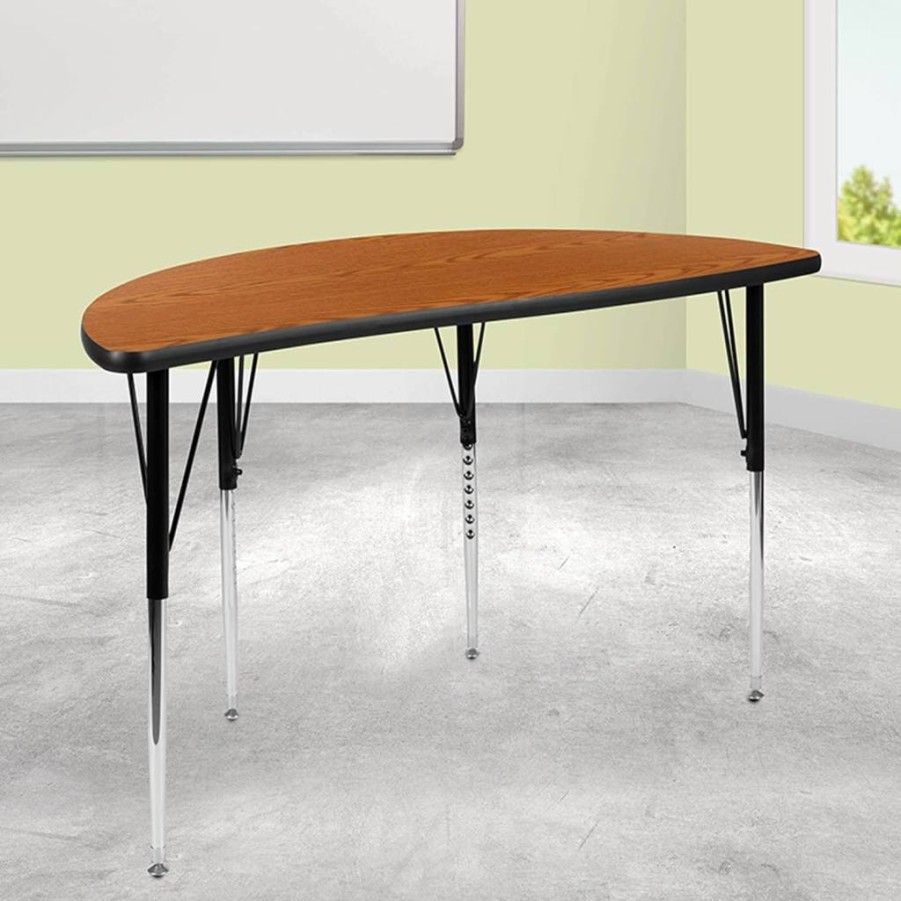 Flash Furniture 47.5" Half Circle Oak Laminate Activity Table with Adjustable Height Legs for Collaborative Workspaces