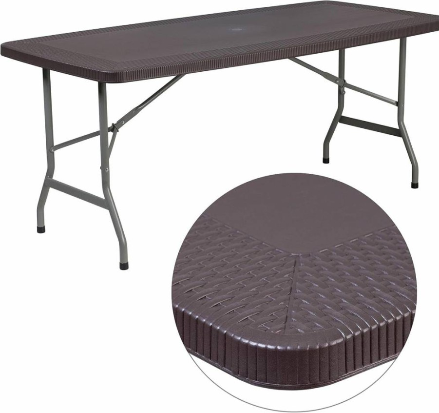 Flash Furniture Elon 5.6ft Brown Folding Rattan Table with Umbrella Hole for Indoor & Outdoor Use