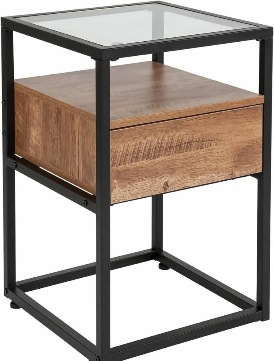 Flash Furniture Rustic Wood Grain End Table with Glass Top, Drawer, and Shelf - Cumberland Collection