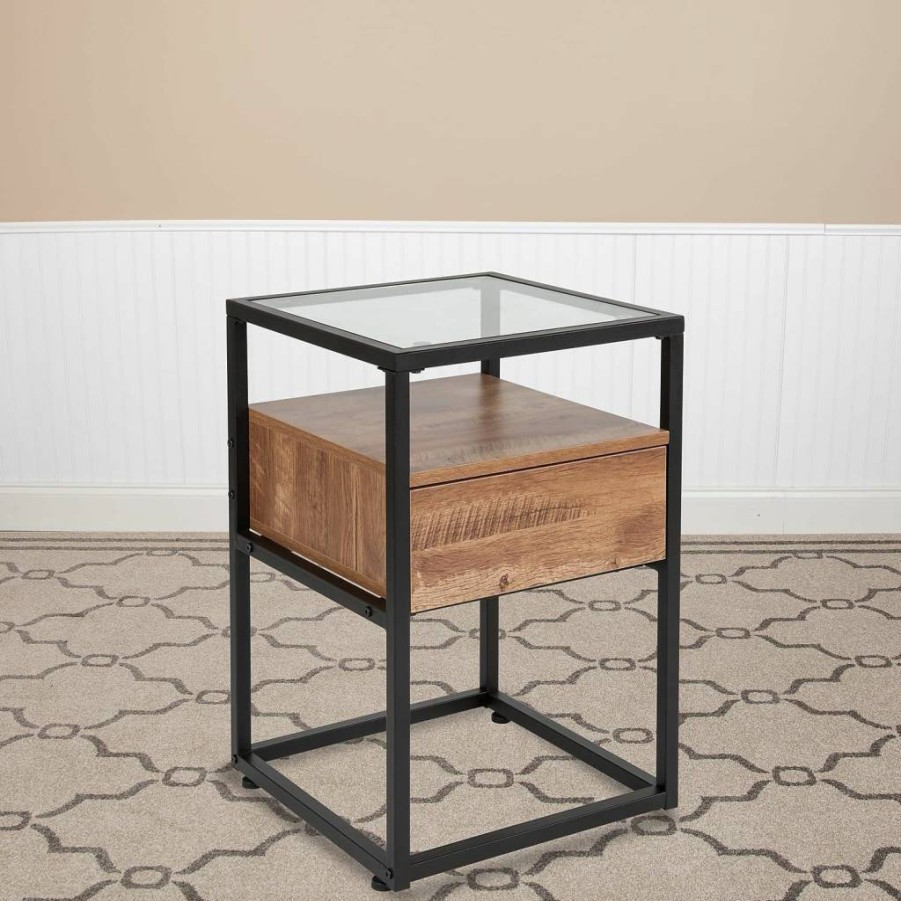 Flash Furniture Rustic Wood Grain End Table with Glass Top, Drawer, and Shelf - Cumberland Collection