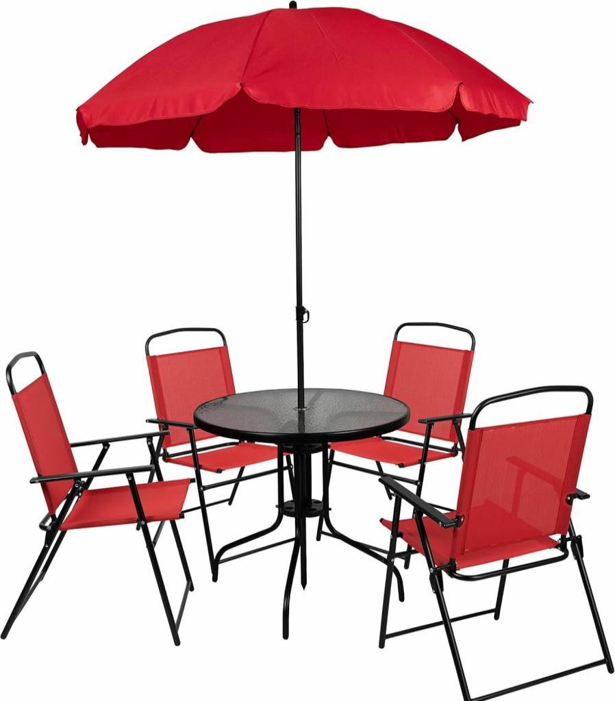 Flash Furniture Nantucket 6-Piece Outdoor Dining Set - Red Patio Table, 4 Folding Chairs & Umbrella for Garden, Lawn, or Backyard