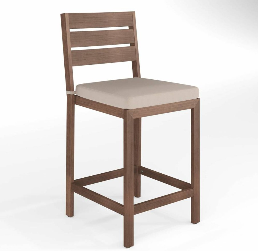 Martha Stewart Bedford 2-Piece Indoor-Outdoor Bar Stool Set with Aluminum Frame, Woodgrain Finish & Gray All-Weather Cushions