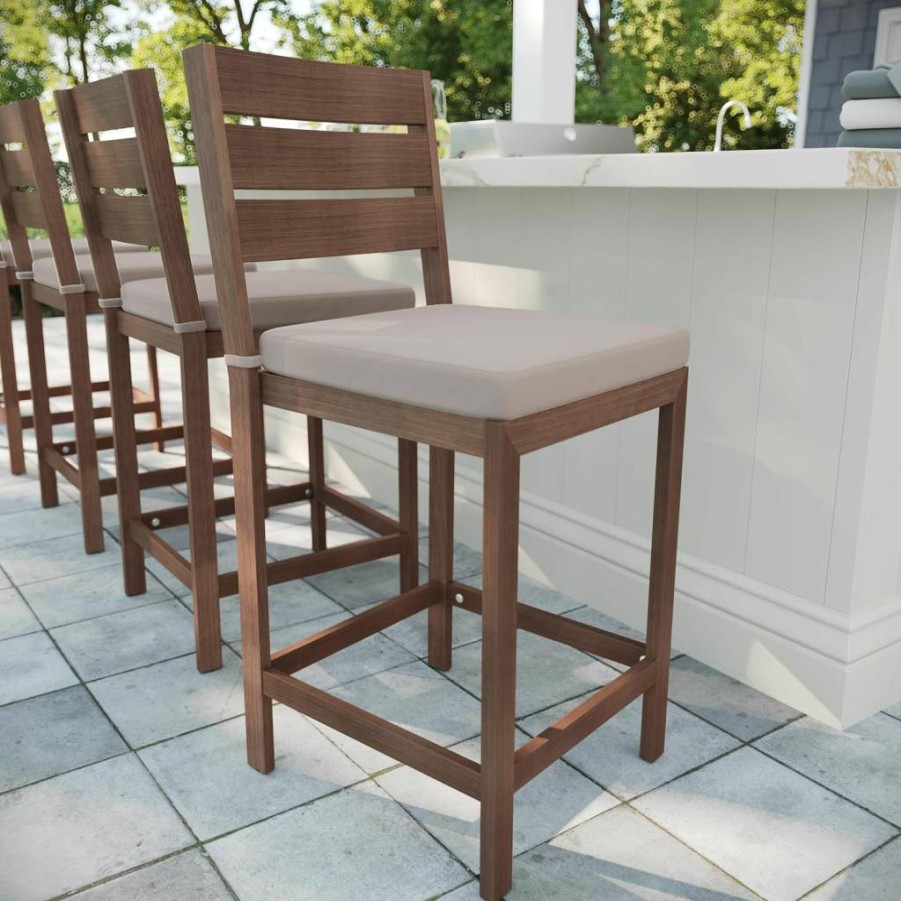 Martha Stewart Bedford 2-Piece Indoor-Outdoor Bar Stool Set with Aluminum Frame, Woodgrain Finish & Gray All-Weather Cushions
