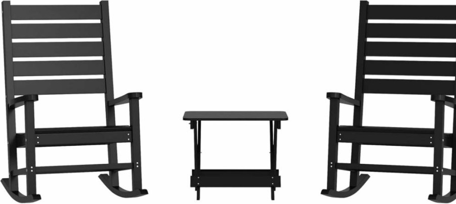 Flash Furniture Manchester 3-Piece Outdoor Rocking Chair Set with Table - 2 All-Weather HDPE Rocking Chairs & End Table - Black Contemporary Patio Furniture