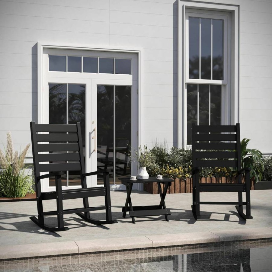 Flash Furniture Manchester 3-Piece Outdoor Rocking Chair Set with Table - 2 All-Weather HDPE Rocking Chairs & End Table - Black Contemporary Patio Furniture