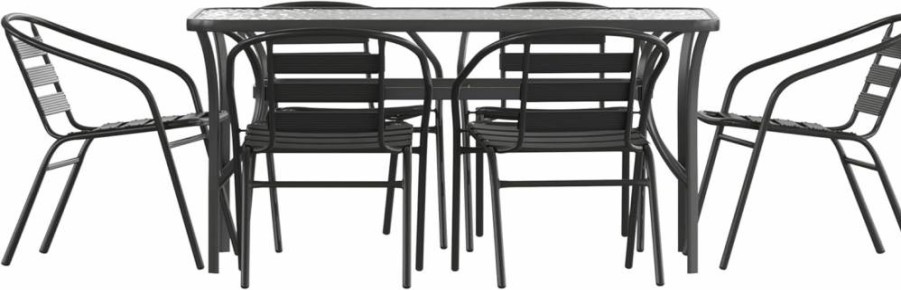 Flash Furniture 7-Piece Outdoor Dining Set with 60" Tempered Glass Table & 6 Triple Slat Chairs, Black Patio Furniture for Commercial Use, Includes Umbrella Hole