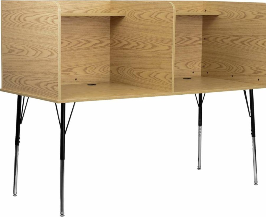 Flash Furniture Justin Adjustable Study Carrel Desk with Oak Finish, Top Shelf & Cable Management